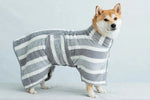 Shiba Inu wearing the gray striped pet bath robe with velcro closure